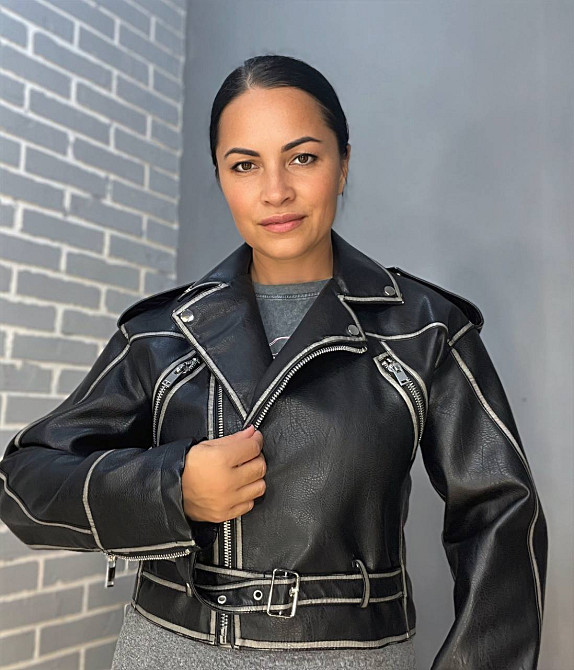 Куртка жіноча Aftf Basic 2466 коротка косуха блискавки пояс варені шви екошкіра чорна, чорний, M Київ - фото 10