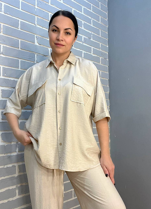 Костюм женский Mix Ray 4218 ткань жатка рубашка на пуговицах карманы и широкие брюки на резинке бежевый, бежевый, S Киев - изображение 15