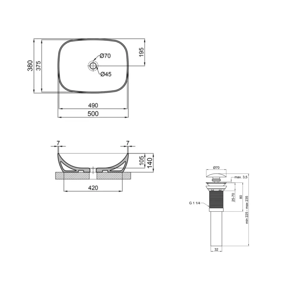 Комплект Qtap Cardinal: Раковина накладная 500×380×140 мм, White, овальная + Донный клапан Pop-up PU02 Киев - изображение 8