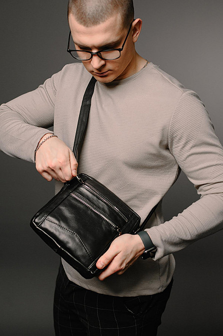 Сумка-мессенджер із натуральної гладкої шкіри ST001 (Чорна) Суми - фото 2