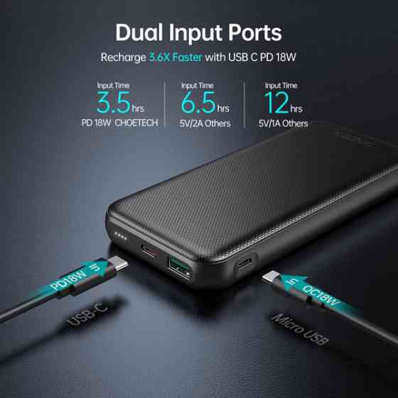 УМБ Choetech 10000mAh, 18W PD QC3.0, USB-C In/out, USB-A Li-pol чорна (B627-V3-CC-BK) Киев