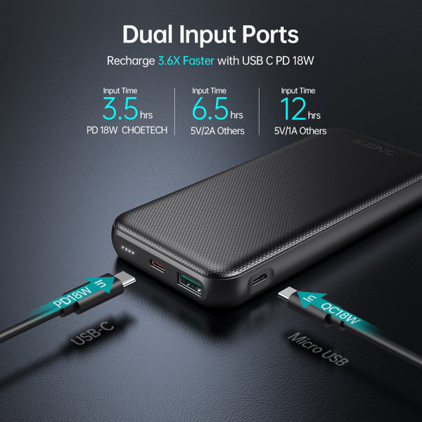 УМБ Choetech 10000mAh, 18W PD QC3.0, USB-C In/out, USB-A Li-pol чорна (B627-V3-CC-BK) Киев - изображение 5