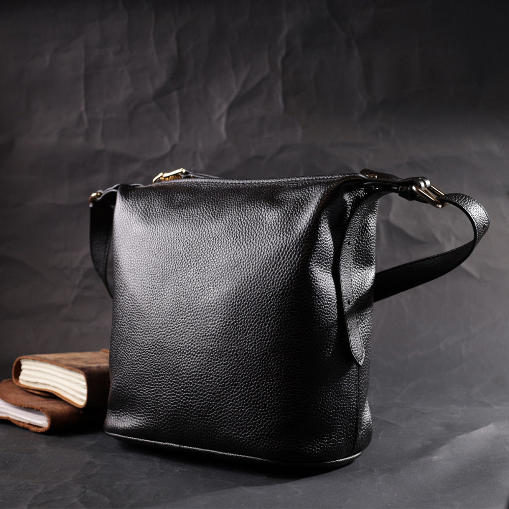 Вместительная женская сумка с одной длинной ручкой из натуральной кожи Vintage 22305 Черная Киев - изображение 8