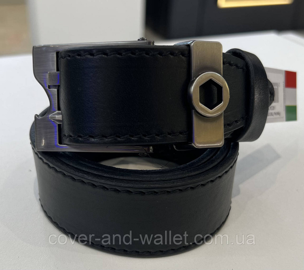 Модний чоловічий ремінь з натуральної шкіри з оригінальною пряжкою на дві спиці 40 мм PS Leather (чорний) Київ - фото 4