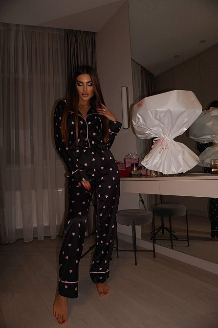 Жіноча піжама-двійка з сердечками із шовку армані Чорний 2, 40/42 Одеса - фото 4