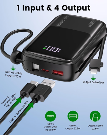 Повербанк BYEGUJIN 20000 мАг 22,5 Вт, швидка зарядка PD/QC, 2 вбудовані кабелі USB-C/Lightning, LCD-дисплей, чорний Київ
