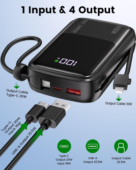 Повербанк BYEGUJIN 20000 мАг 22,5 Вт, швидка зарядка PD/QC, 2 вбудовані кабелі USB-C/Lightning, LCD-дисплей, чорний Київ - фото 6