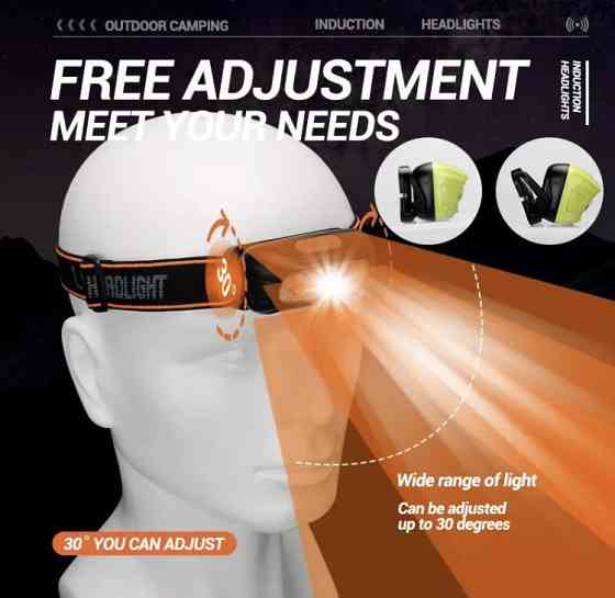 Налобный фонарик на аккумуляторе с зарядкой USB, оранжевый, фонарь для рыбалки,фонарик на голову, 4 режима Киев