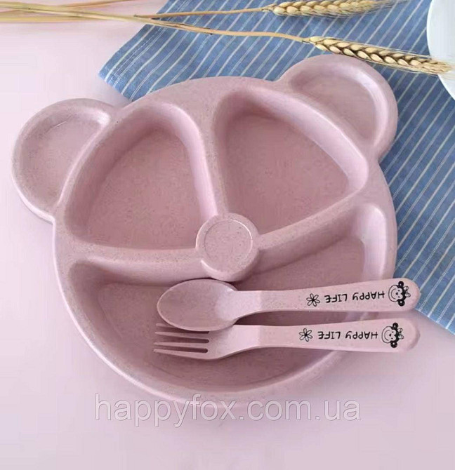 Набір дитячого посуду з пшеничної соломи "Мишка" (тарілка + ложка + вилка). Розовий Львів - фото 1