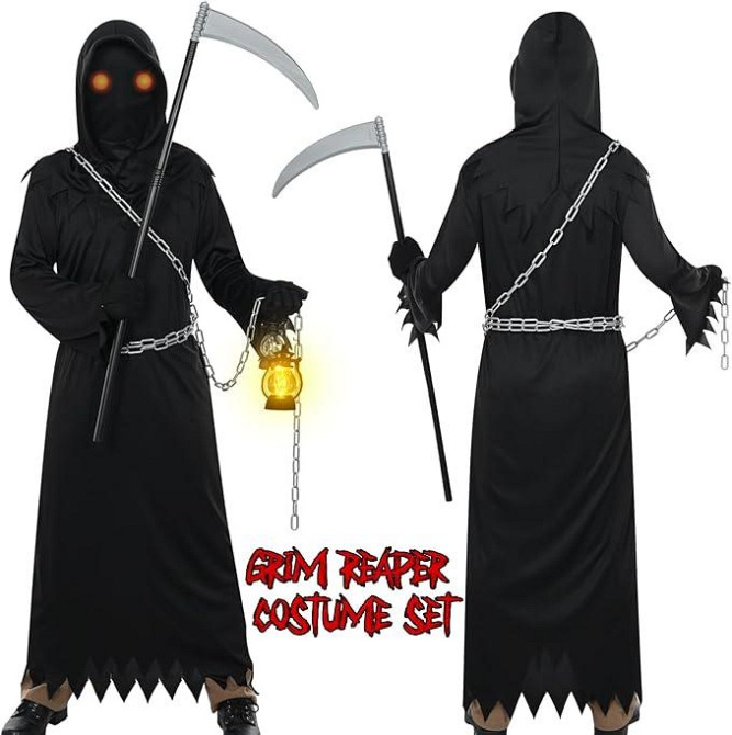 Моторошний дорослий костюм Жнеця Смерті з LED-окулярами, косою, маскою та аксесуарами на Гелловін, карнавал Київ - фото 4