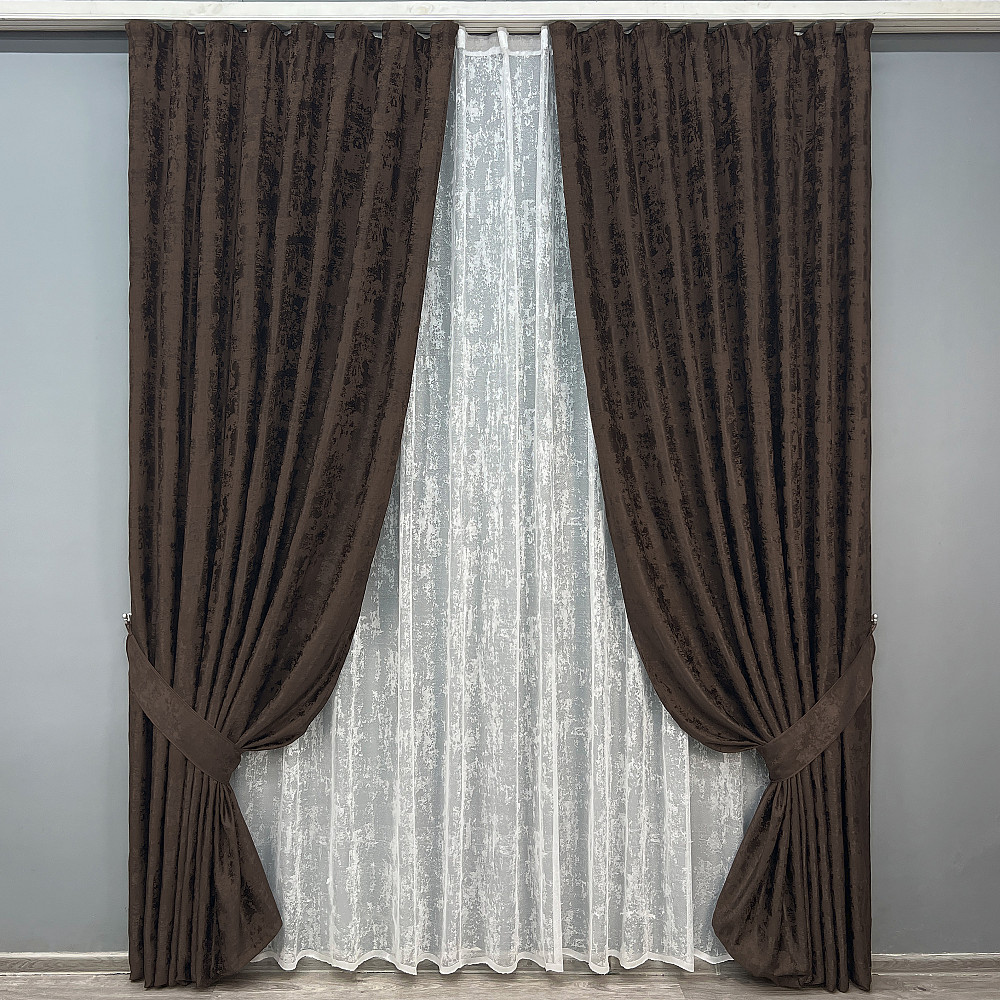 Комплект штор VR-Textil Жакард Мармур 100х270 2шт і Тюль 300х270 1122ш-1400т Венге з білим 71-191/1 Київ - фото 1