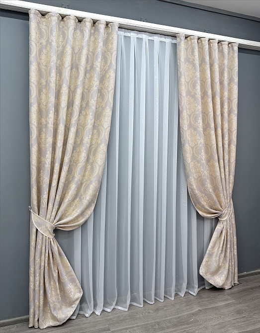 Комплект готових штор VR-Textil Льон Корона Марія № 1268ш Світло-сірий з золотистим 150х250 см 2 шт (39-918) Київ - фото 3