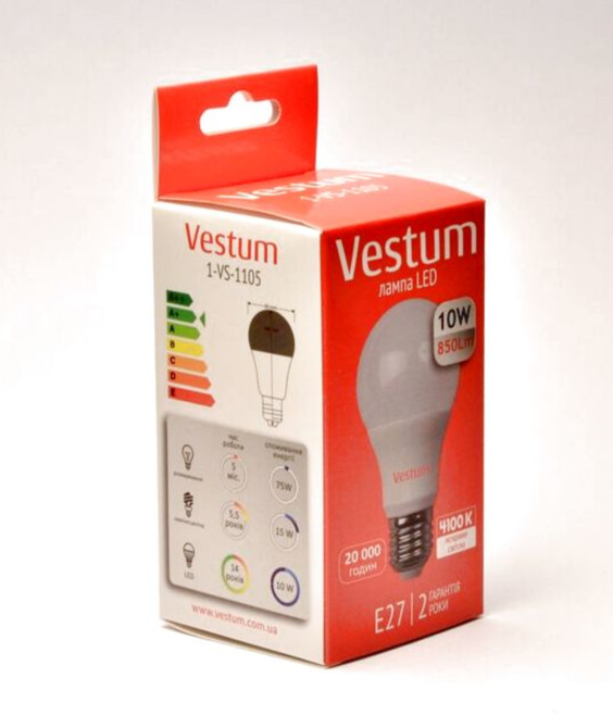 Лампочка светодиодная 220 вольт 10W 4100K A60 Vestum Одесса - изображение 4