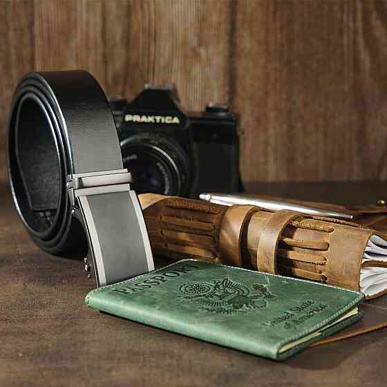 Ремень мужской c затемненной пряжкой и черной вставкой Vintage 20284 Черный Киев