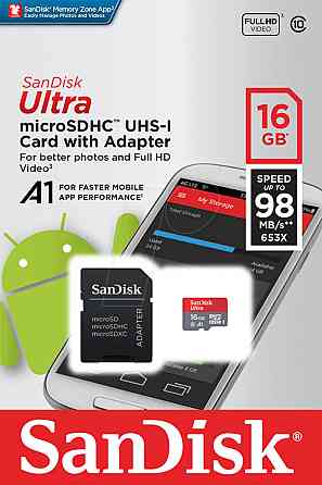 microSDHC (UHS-1) SanDisk Ultra A1 16Gb class 10  (98Mb/s, 653x) (adapter SD) Киев