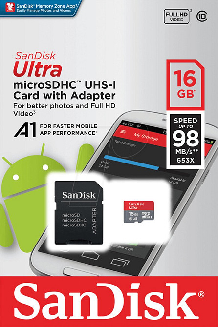 microSDHC (UHS-1) SanDisk Ultra A1 16Gb class 10  (98Mb/s, 653x) (adapter SD) Киев - изображение 2