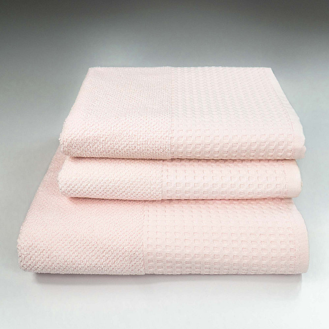 Комплект махровых полотенец Вафельный Бордюр 3шт GM Textile 50х90см, 50х90см, 70х140см 500г/м2 (Светло-Розовый) Сумы - изображение 1