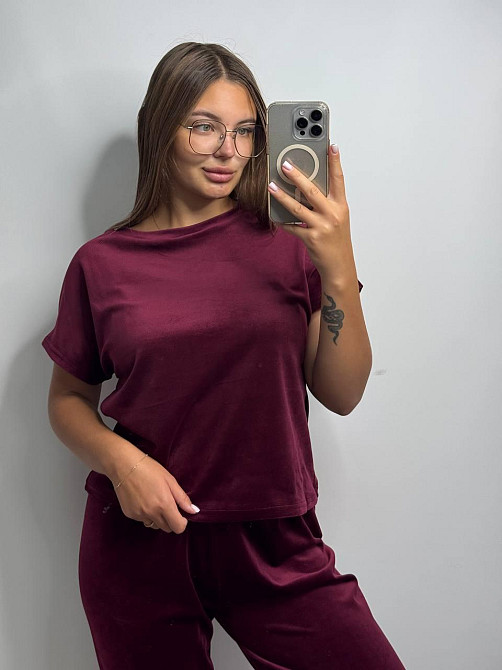Пижама-комплект (футболка+шорти+штаны) из плюшевого велюра Бордо S Харьков - изображение 4