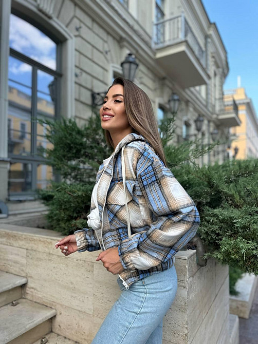 Жіноча кофта в клітинку на блискавці з капюшоном котон Блакитний, 42/44 Одеса - фото 5
