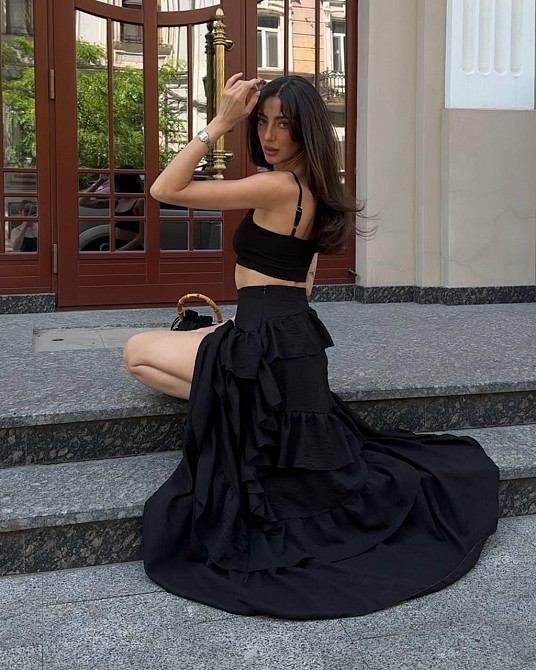 Жіноча романтична довга спідниця з воланами льон бохо Чорний, 44/46 Одеса - фото 6