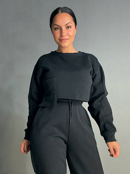 Костюм жіночий Quzen 490-480 укорочений світшот з кишенею та джогери утеплений чорний, чорний, M Київ - фото 3