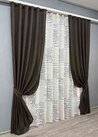 Комплект штор VR-Textil Лен Мешковина 100х270 2шт и Тюль 300х270 107ш-1790т Венге с белым 71-062/1 Киев