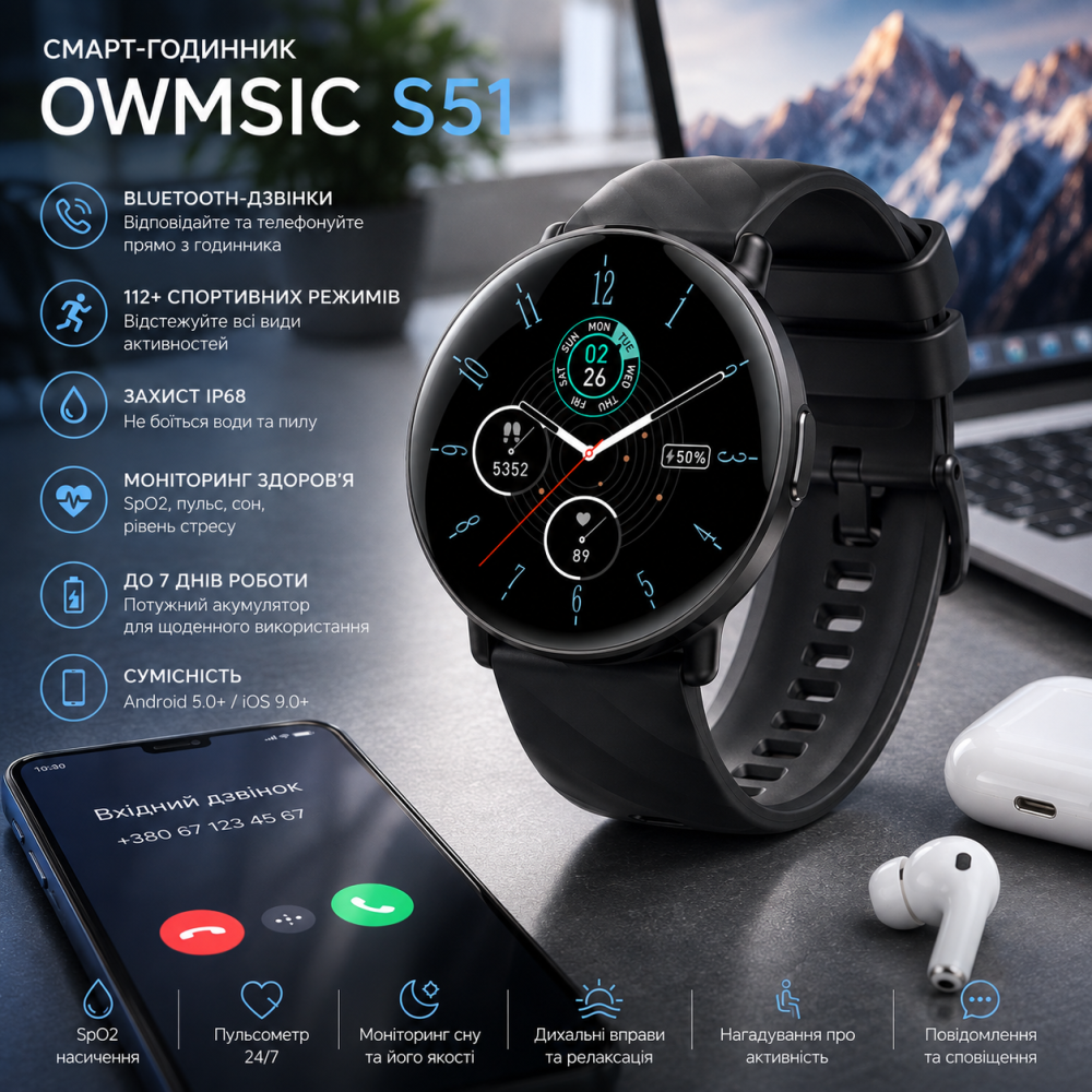 Смарт-часы OWMSIC S51 с Bluetooth-звонками, HD-дисплей 1.39 дюйма, IP68, 112+ спортивных режимов, Android/iOS, SpO2 Киев - изображение 8