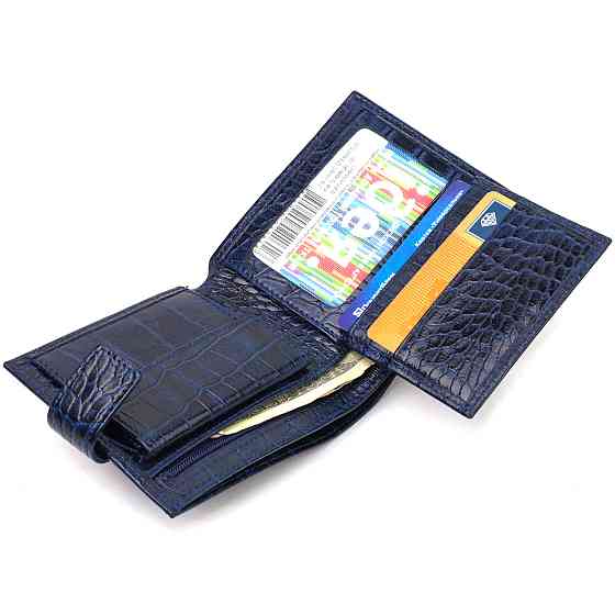 Гаманець для чоловіків горизонтального формату з натуральної шкіри з тисненням під крокодила Синій (CANPELLINI) Київ