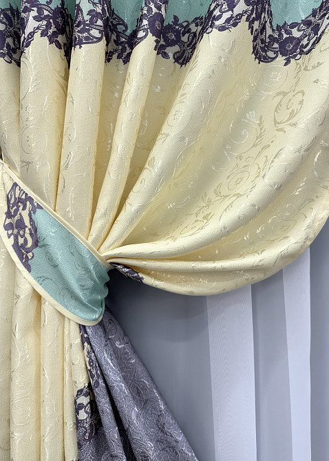 Комплект готових штор VR-Textil Льон № 1022ш Бежевий з бірюзовим 150х270 см 2 шт (30-834) Київ - фото 5