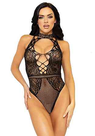 Leg Avenue Net and lace halter bodysuit OS Black Sex Aura Київ