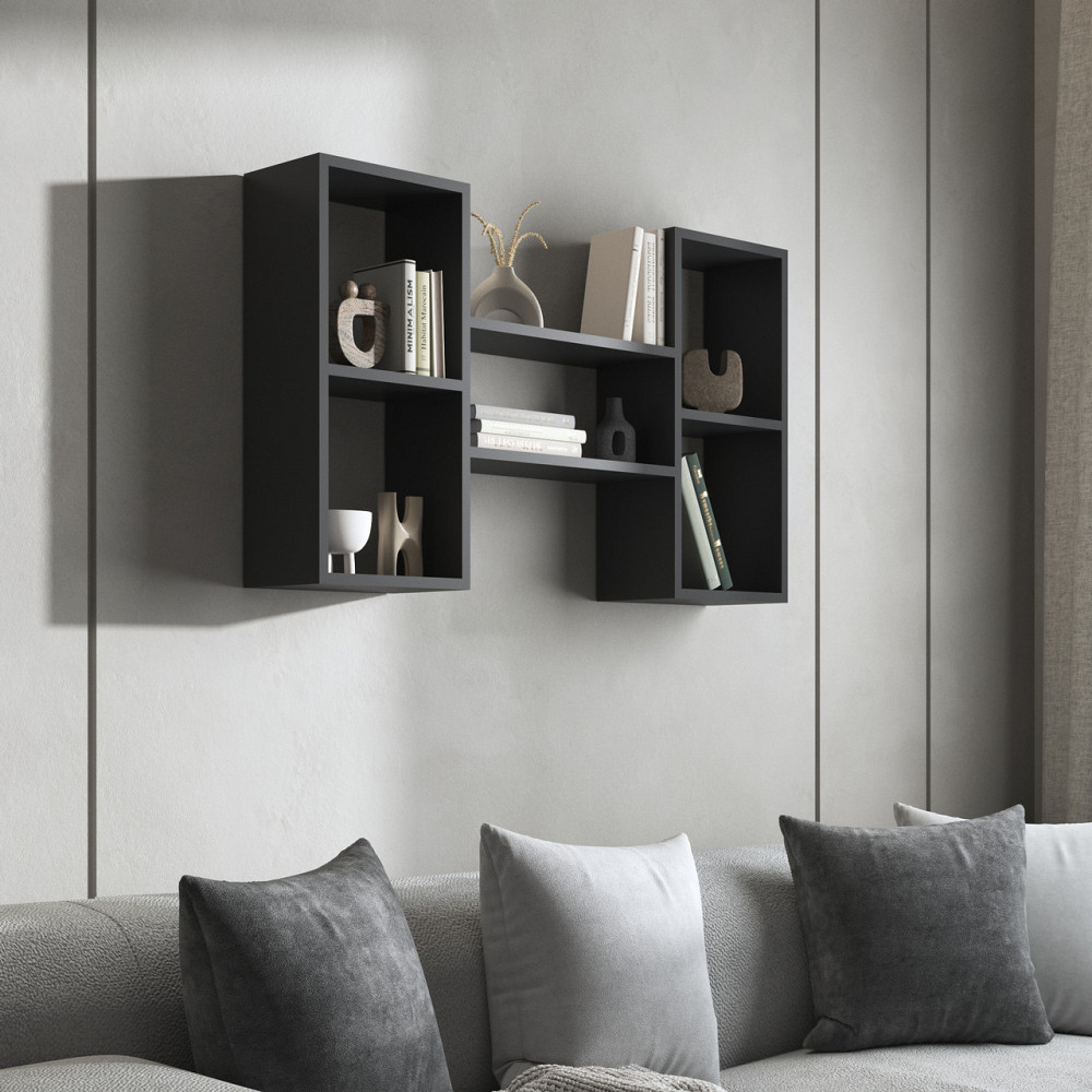 Навесная полка VAYS M-11 Антрацит, с нишами для книг и декора, ЛДСП, 100×18×60 см - для гостиной, спальни, кабинета Львов - изображение 1