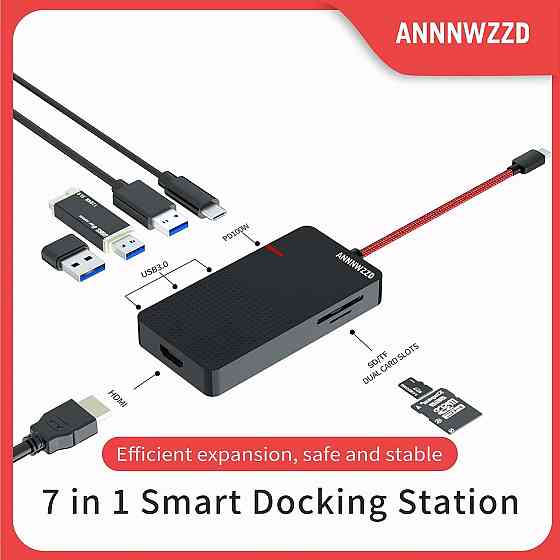 Док-станція 7-в-1, USB-C хаб з HDMI 4K, USB 3.0, кардрідерами SD/TF, PD зарядкою 100W, чорний, HUB Type-C PD 100 Вт Київ