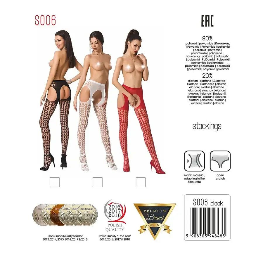 Еротичні колготки-бодістокінг Passion S006 red, імітація панчіх у велику сітку та пояса Львов - изображение 5