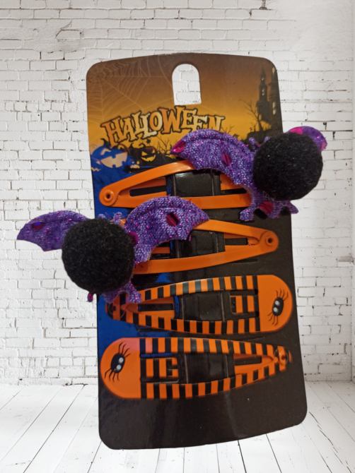 Набор 2 заколки с принтом и 2 заколки с летучей мышей для волос на Хэллоуин оранжевый, фиолетовый Киев - изображение 2