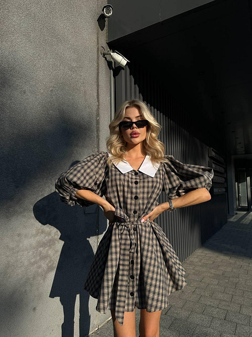 Женское стильное платье в клетку с белым воротником турецкая байка Одесса - изображение 1