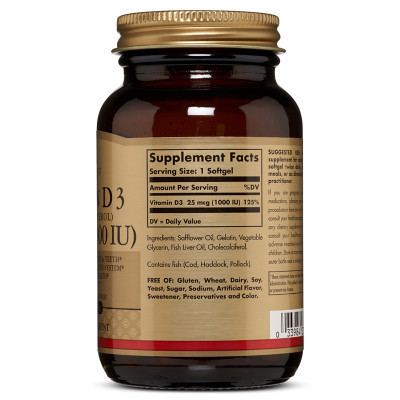 Вітамін Solgar Вітамін D3, Cholecalciferol, 25 мкг, 1,000 МE, 100 гелевих к (SOL03340) Вінниця - фото 2