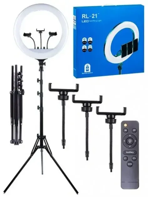 Кільцева лампа для блогера 56 см + пульт + сумка + штатив + 3 тримача для телефонів Клевань - фото 1
