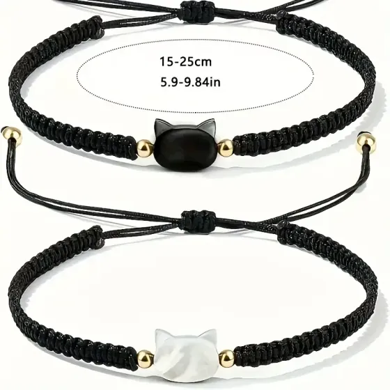 Парные браслеты с котиками – чёрный и белый, регулируемые 15–25 см Киев