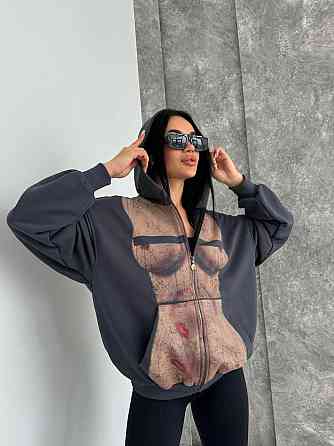 Женская стильная оверсайз худи с капюшоном на молнии петля пенье + турецкая рибана Графит, 42/46 Одесса