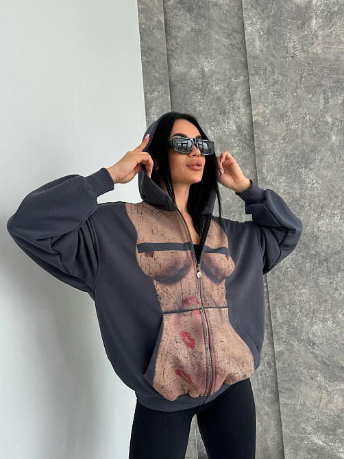 Женская стильная оверсайз худи с капюшоном на молнии петля пенье + турецкая рибана Графит, 42/46 Одесса - изображение 1