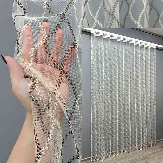 Тюль VR-Textil 1837т Фатин з вишивкою та люрексом Молочний з венге 600х265 см (99-025) Київ