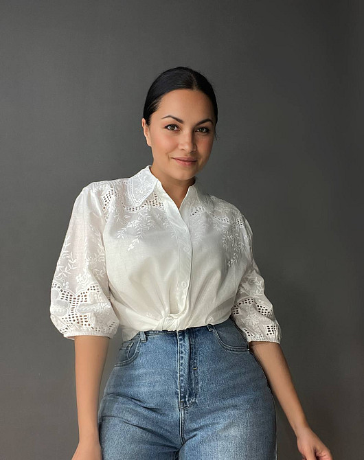Рубашка женская A-N 8132 кружево вышивка на пуговицах короткий пышный рукав белая, белый, M Киев - изображение 3