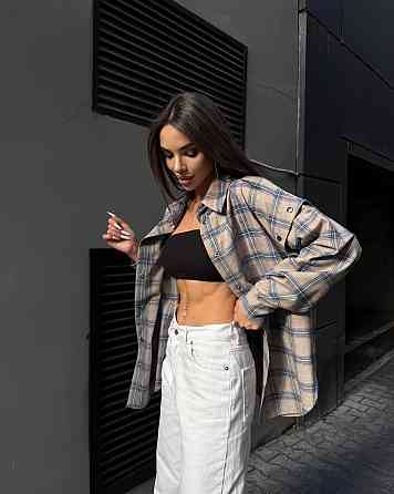 Жіноча повсякденна сорочка в клітинку турецька фланель беж-блакитний Одеса