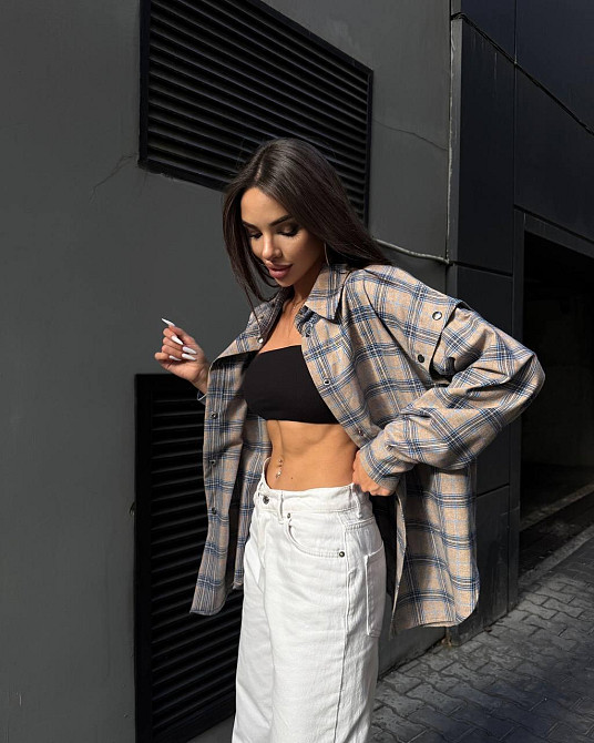 Жіноча повсякденна сорочка в клітинку турецька фланель беж-блакитний Одеса - фото 3