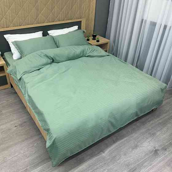 Комплект постільної білизни Страйп-сатин Двоспальний 180х220 з простирадлом на резинці М'ятний (88-173) Київ
