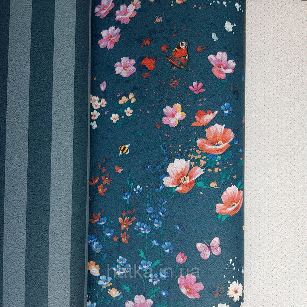 Шпалери вінілові на флізелін 0.53х10.05 Rasch Textil Petite Fleur 5.квіти прованс червоні рожеві на бірюзовому Київ - фото 2