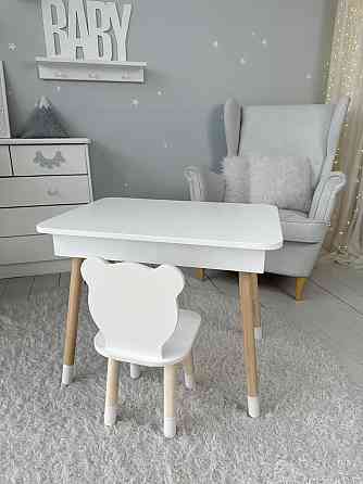 Детский столик и стульчик мишка белый. Столик с нишей для карандашей и разукрашек Киев
