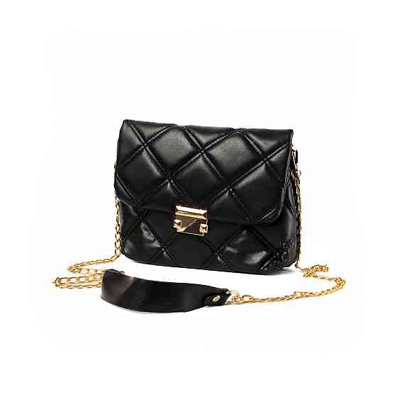 Сумка женская элегантная из качественного стеганого кожзама и длинной ручкой-цепочкой, Черный Каменец-Подольский