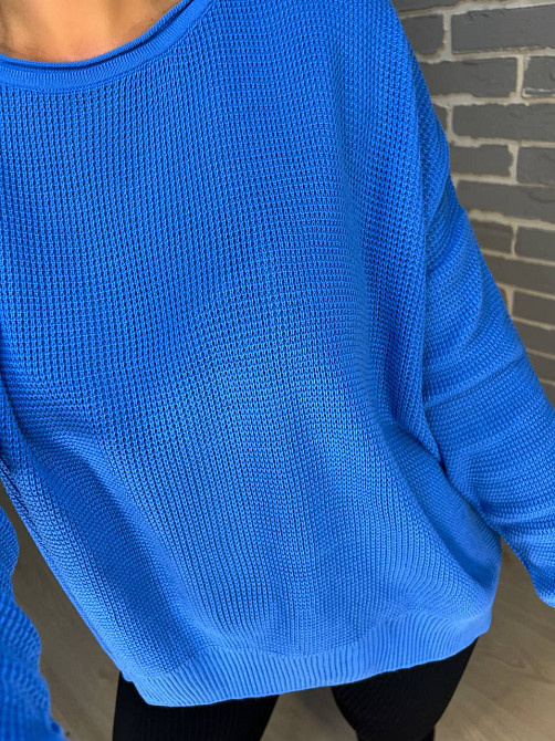 Светр жіночий MIX RAY 6183 тонкий вафельний  розрізи по боках оверсайз вільний крій, синій, one size Одеса - фото 4