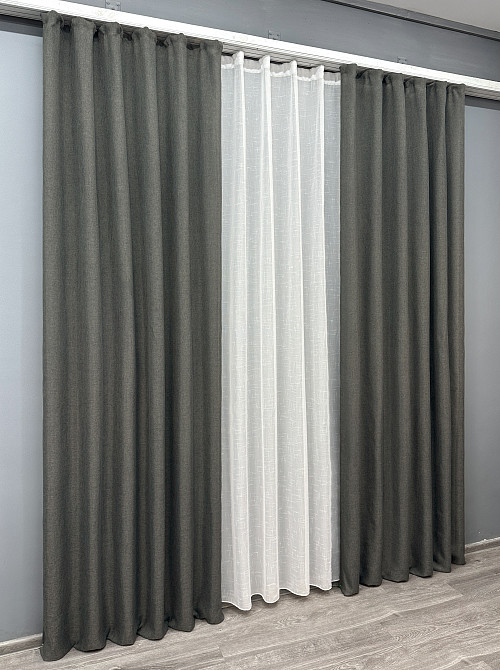 Комплект штор VR-Textil Лен Мешковина 150х270 2шт и Тюль 400х270 1282ш-115т Серый с белым 71-027/3 Киев - изображение 3